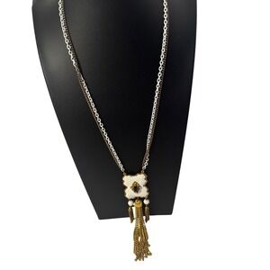 1960's long pendant necklace w/ cream enamel, gold tassels & multi clor chain